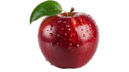 Juicy red apple with fresh water droplets and green leaf