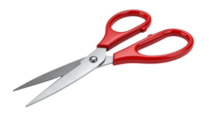 Red scissors gleam on a transparent background for graphic design.