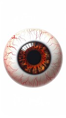 A highly detailed digital rendering of a human eye, showcasing prominent blood vessels on the sclera and a fiery, dark brown iris