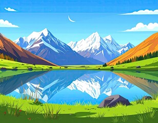 Serene mountain lake reflecting snow-capped peaks under a vibrant blue sky, with a crescent moon and autumnal hues in the valley