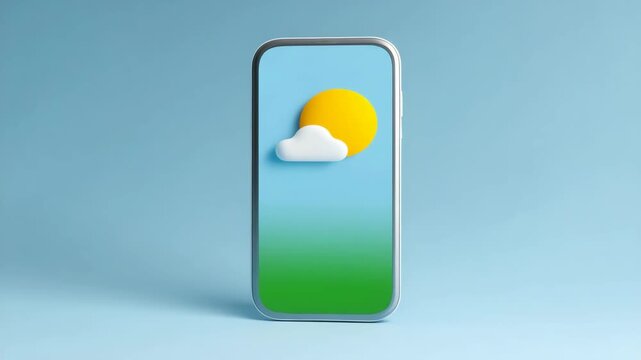 Smartphone mobile device with 3D weather icon sun and cloud on screen, modern digital technology, cheerful scene, blue sky, green field, minimal style, optimistic phone display