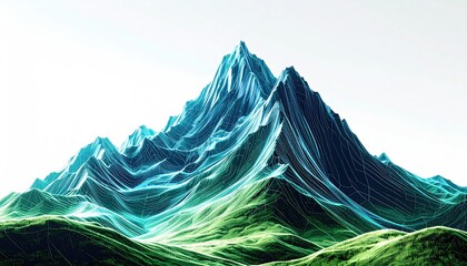 Wireframe-style mountain peak, teal and green, rendered against a bright, almost white background, showing a detailed, almost three-dimensional texture