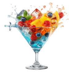 Colorful fruit cocktail splash in martini glass isolated on transparent PNG background