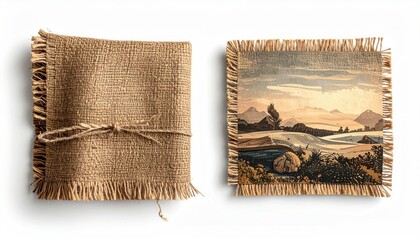 Rustic burlap-wrapped square print showcasing a serene landscape painting with muted sunset hues, detailed with frayed edges