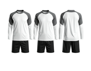 Three views of a blank, long-sleeve soccer uniform set, white with gray accents and black shorts