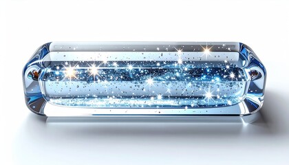 A rectangular, clear glass prism contains blue glitter and sparkling lights, casting a subtle shadow on a white background