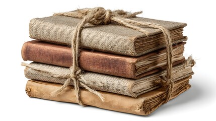 Stack of antique, textured books tied with twine, vintage aesthetic, knowledge, history, and storytelling concept