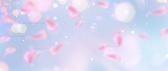 Blurred flower petals flying on soft background. Vector realistic illustration of pink cherry blossom leaves and sparkles on blue, spring holiday card backdrop, abstract floral poster, banner design