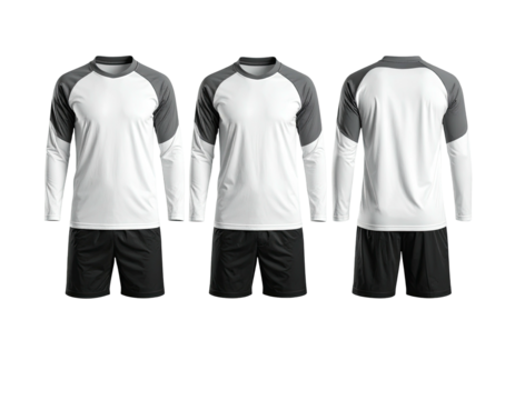 Three views of a blank, long-sleeve soccer uniform set, white with gray accents and black shorts