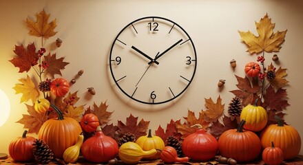 Minimalist wall clock surrounded by pumpkins and autumn leaves, perfect concept for Daylight Savings Time change and seasonal decor