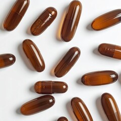 Amber-colored capsules scattered on a white background, showcasing their translucent, oblong shape and oily contents