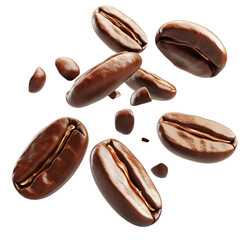 Roasted coffee beans in air with fragments isolated on transparent PNG background