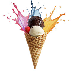 Ice cream cone with chocolate and vanilla scoops and colorful splash isolated on transparent PNG