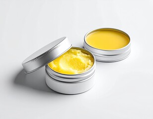 Two small, silver tins of pale yellow balm; one open, showing textured consistency; other lidded; on white background