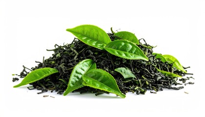 A small pile of dark green tea leaves, some whole leaves are visible on top, set against a stark white background