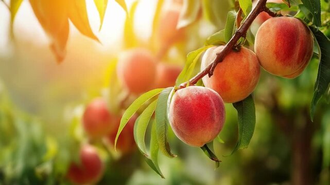 ripe peaches hanging from a branch in a sunlit orchard.