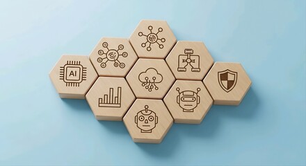 Digital transformation concept with AI cloud computing and data security icons on wood blocks