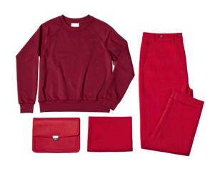 Red sweatshirt, pants, and satchel. Flat lay