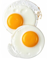 Two perfectly fried eggs, sunny-side up, with golden yolks and crisp whites, set against a white background