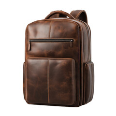 Brown leather backpack with front pockets isolated on transparent PNG background