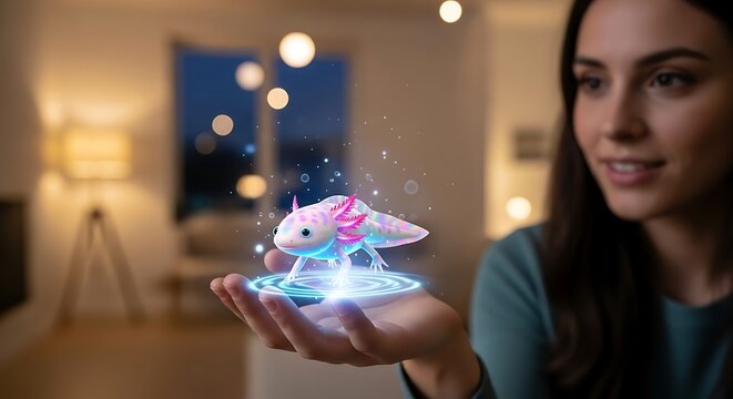 Interactive holographic axolotl projected onto a woman's hand indoors