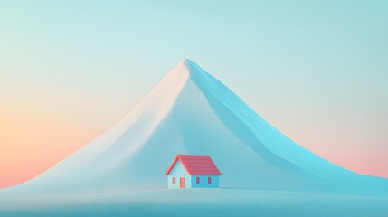 Simple 3D Design: Small House with Red Roof and Pastel Mountain Background