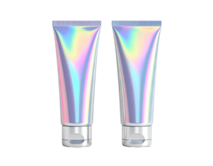 Two iridescent, holographic tubes of cosmetic product