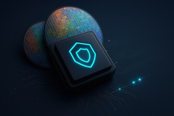 Cybersecurity chip with glowing blue shield icon on motherboard and digital circuits
