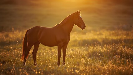 Horse standing in a field at sunset