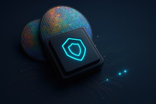 Cybersecurity chip with glowing blue shield icon on motherboard and digital circuits
 - Powered by Adobe
