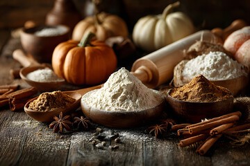 Autumn fall baking background with pumpkins, apples and ingredients