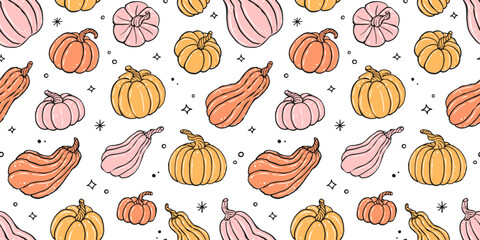Pumpkin autumn fall seamless pattern vector illustration. Doodle hand drawn harvest print isolated on white.