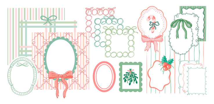 Hand drawn frames, bows and seamless patterns Christmas collection vector illustration set isolated on white. Wedding, invitation, decoration design elements.