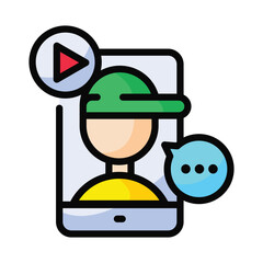 Stylized icon of a person on a smartphone screen with play button and chat bubble