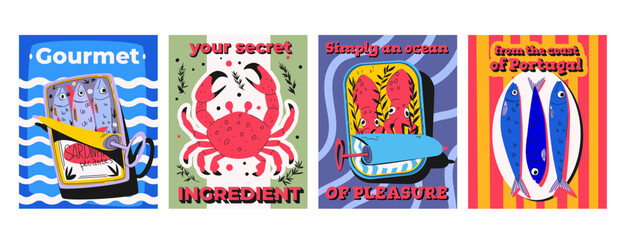 Sardine can retro posters with sea food - fish, crab and squid in colorful vintage packaging designs for gourmet products. Ocean creatures on striped, wave patterns. Portuguese inspired seafood art.