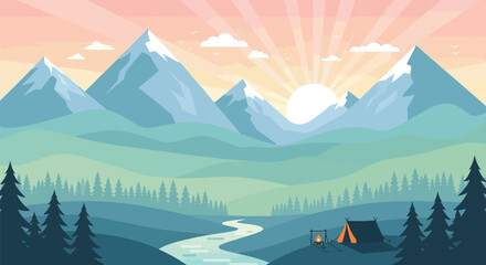 Vector illustration of mountain landscape with camping tent and campfire at sunset for travel blog © Fezi