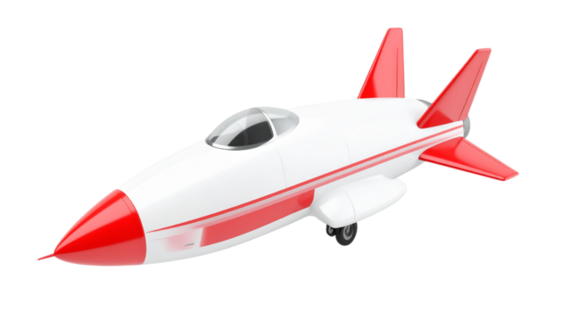 White and red toy airplane glides with transparent background, ideal for product photography and posters.