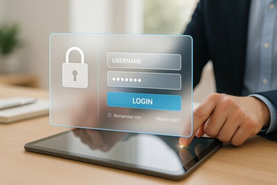 Touching holographic login screen on tablet with transparent UI and glowing lock icon
 - Powered by Adobe