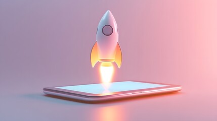 Rocket Launching from Tablet with Bright Flames and Smoke