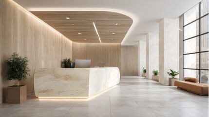 Modern Reception Area with Natural Wood Accents and Soft Ambient Lighting