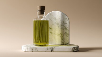 Olive Oil Elegance: Glass Bottle, Marble Arch, and Earthy Tones in a Minimalist Still Life
