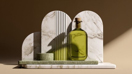 Elegant Olive Oil Bottle on Marble Display, Minimalist Composition, Soft Lighting.