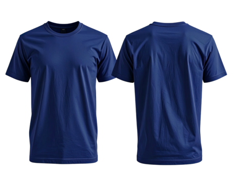 Front and back view of a deep navy blue t-shirt,  showing a simple crew neck and short sleeves