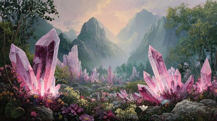 Ethereal Crystal Valley: Luminous Rose Quartz Amidst Mountainous Landscape, Fantasy Art