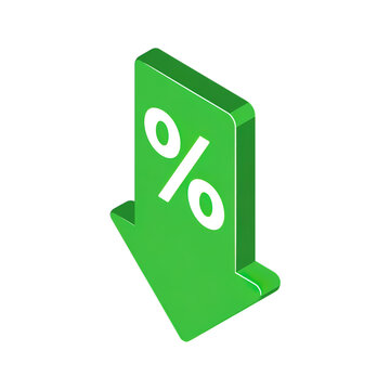 Falling percentage arrow symbolizes decreasing prices, sales discount, special offer, or declining interest rates, perfect for finance or retail promotion