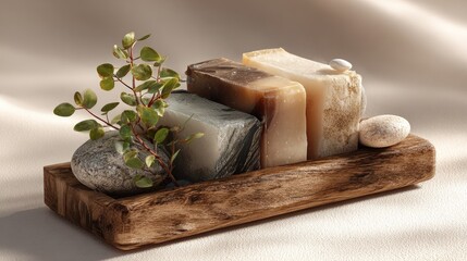 Natural Soap Bars, Stones, and Eucalyptus in Wooden Tray, Serene Still Life