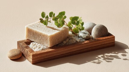 Natural Soap Bar with Greenery and Smooth Stones on Wooden Tray, Serene Spa Ambiance