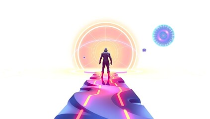 "Quest futuristic hero standing on glowing path, futuristic graphic, isolated on white background, PNG cutout, high-detail, sleek adventure design"