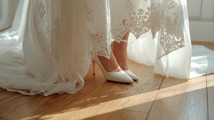 Bride wearing white high heels under wedding dress