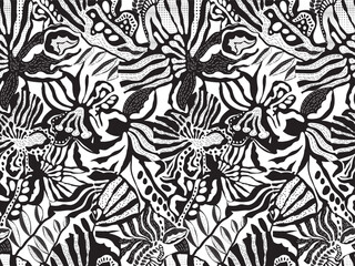 Intricate black and white floral and butterfly pattern, showcasing various shapes and textures in a seamless design.